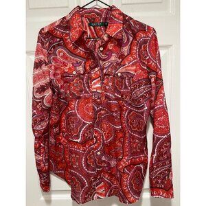 Lauren Ralph Lauren Women's Size M Red Paisley Button-Down Shirt Cotton/Silk